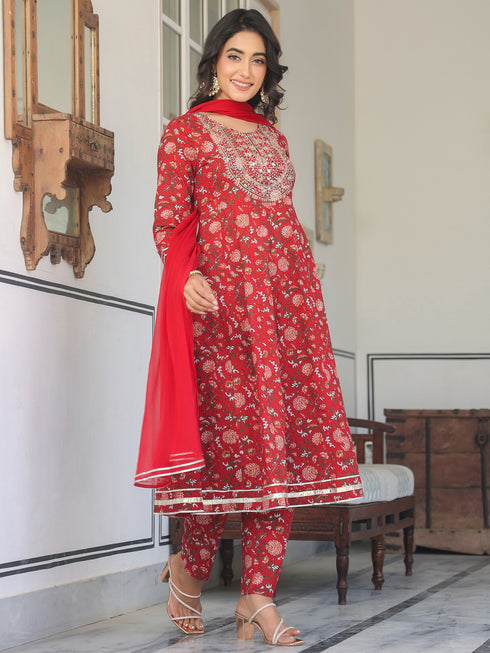 Red Pure Cotton Floral Printed Yoke Embroidered A-line Kurta Set